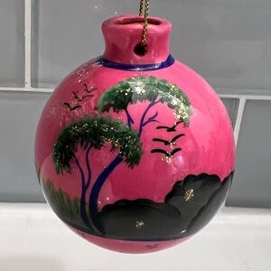 Hand Painted Pink Ceramic Holiday Ornament featuring Art from Cancun Mexico